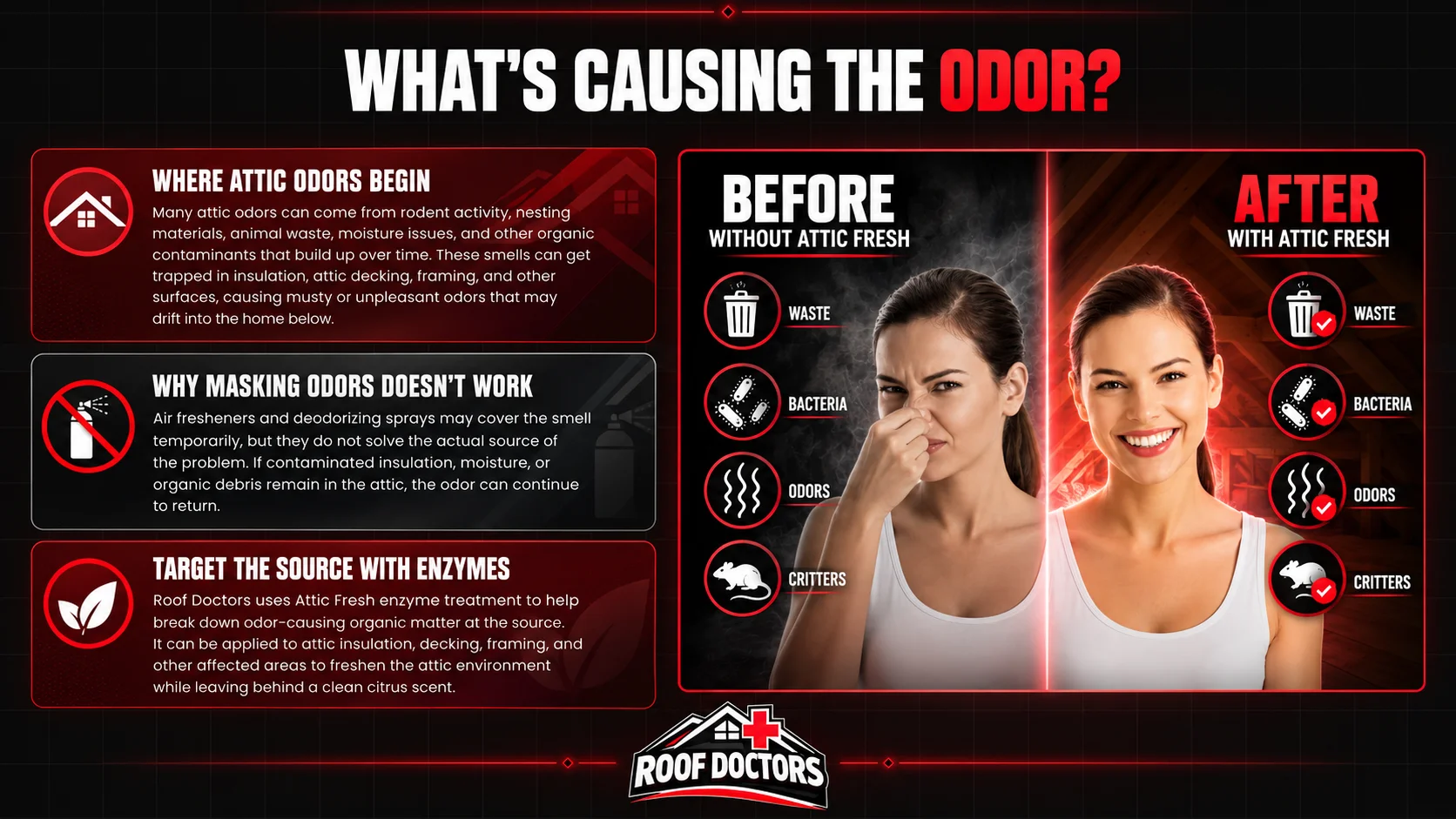 Infographic explaining what causes attic odors, why masking odors doesn't work, and how Attic Fresh enzyme treatment targets the source