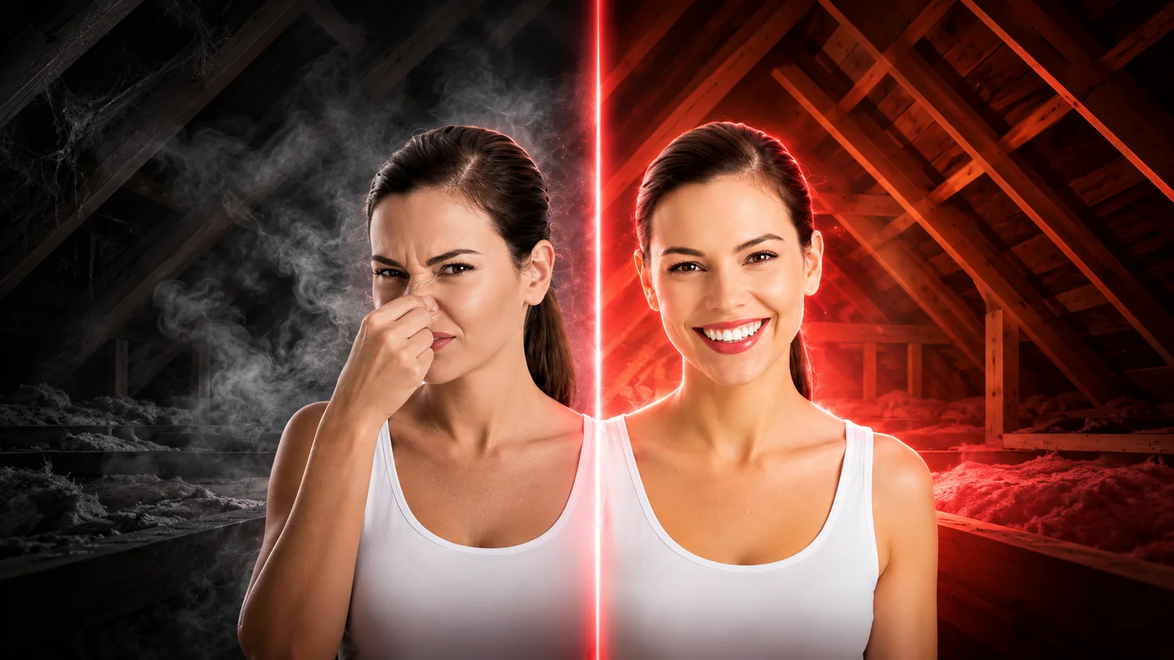 Split image contrasting a dark, smoke-filled attic where a woman holds her nose with a fresh attic where a woman smiles