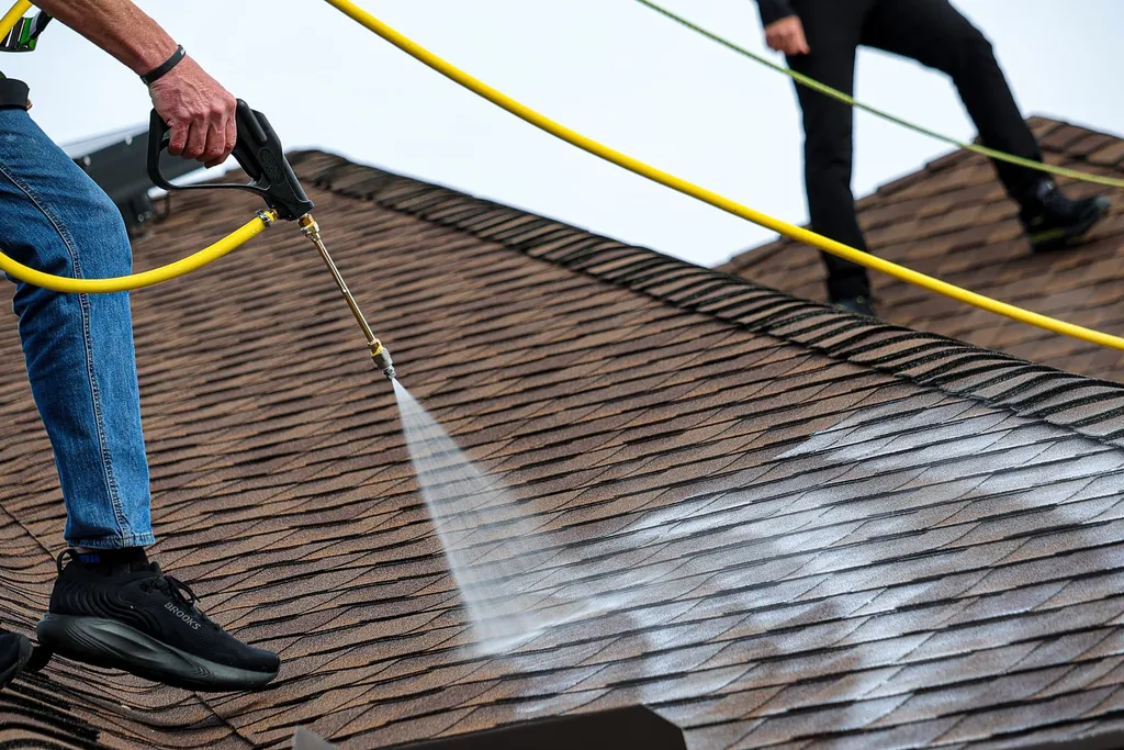 Technician spraying treatment onto asphalt shingles with a yellow hose and spray wand