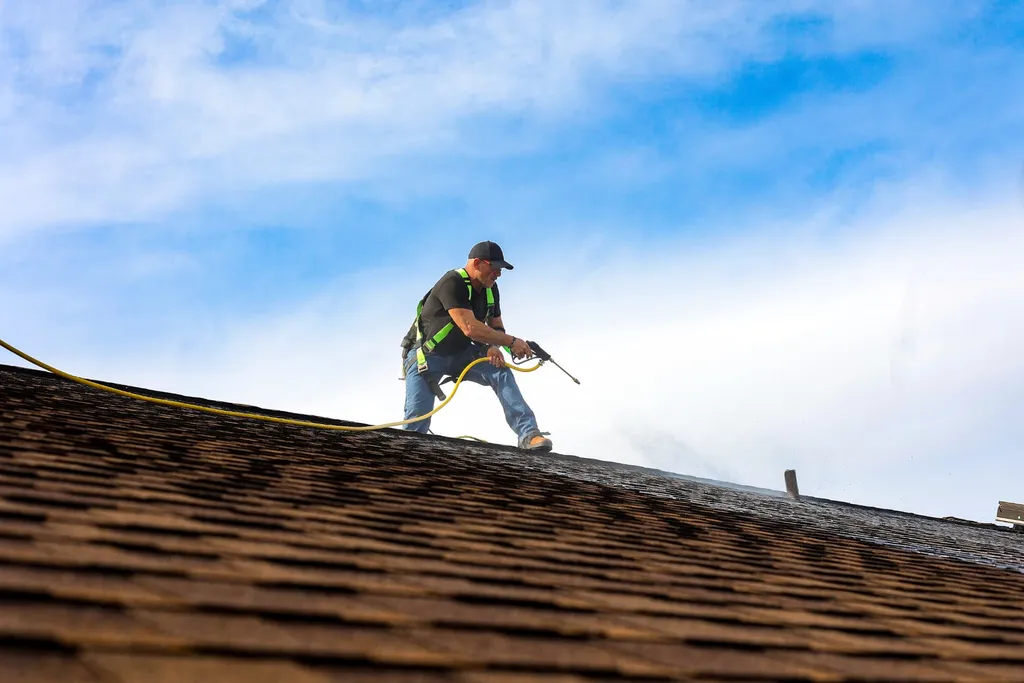Technician applying treatment near the ridge of an asphalt shingle roof under a blue sky