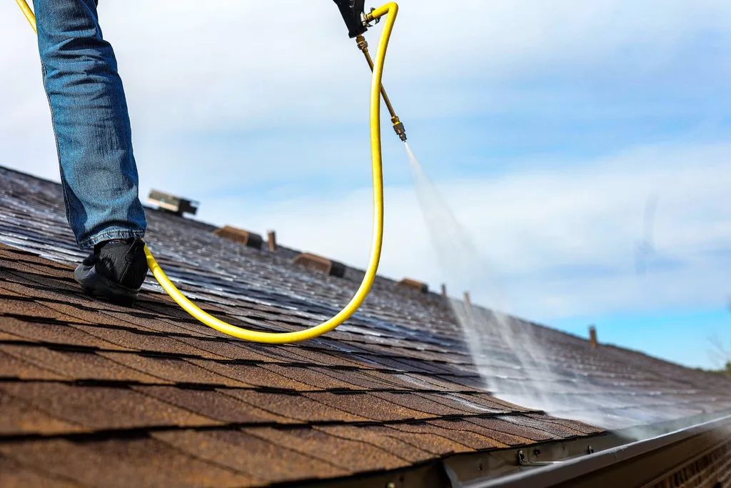 Close-up of treatment being sprayed onto asphalt shingles near the roof edge and gutter