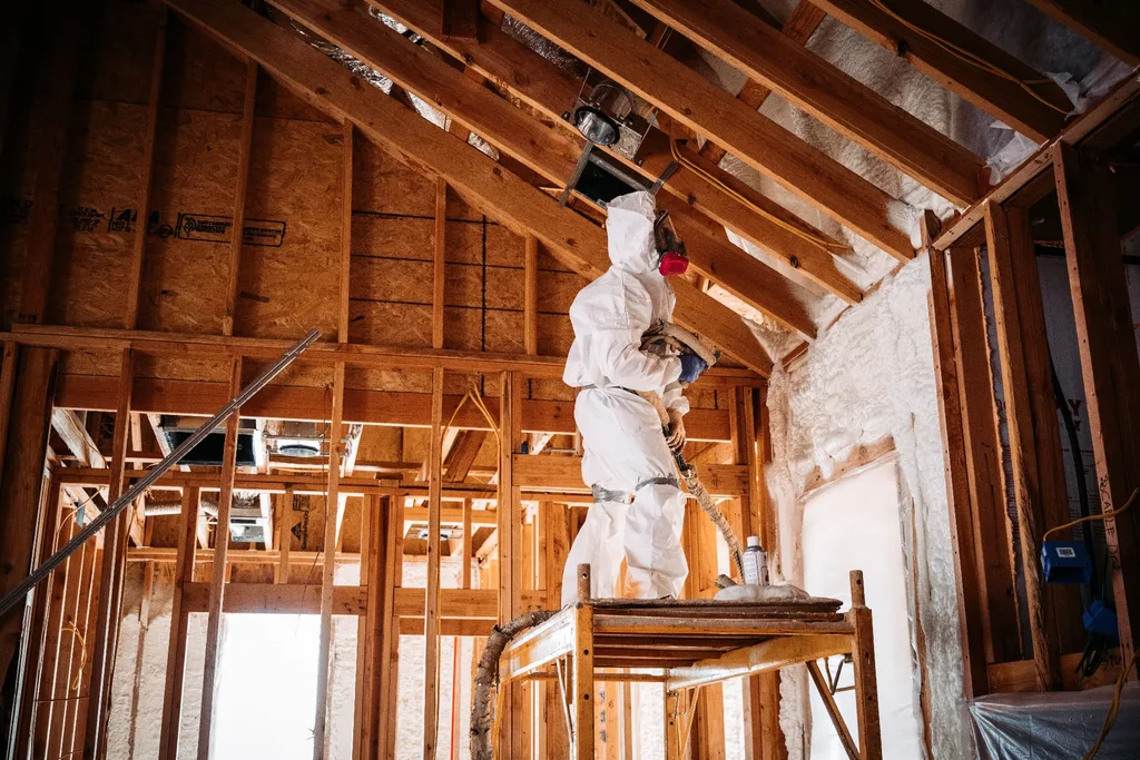 Technician in protective gear applying spray foam insulation between attic framing and rafters
