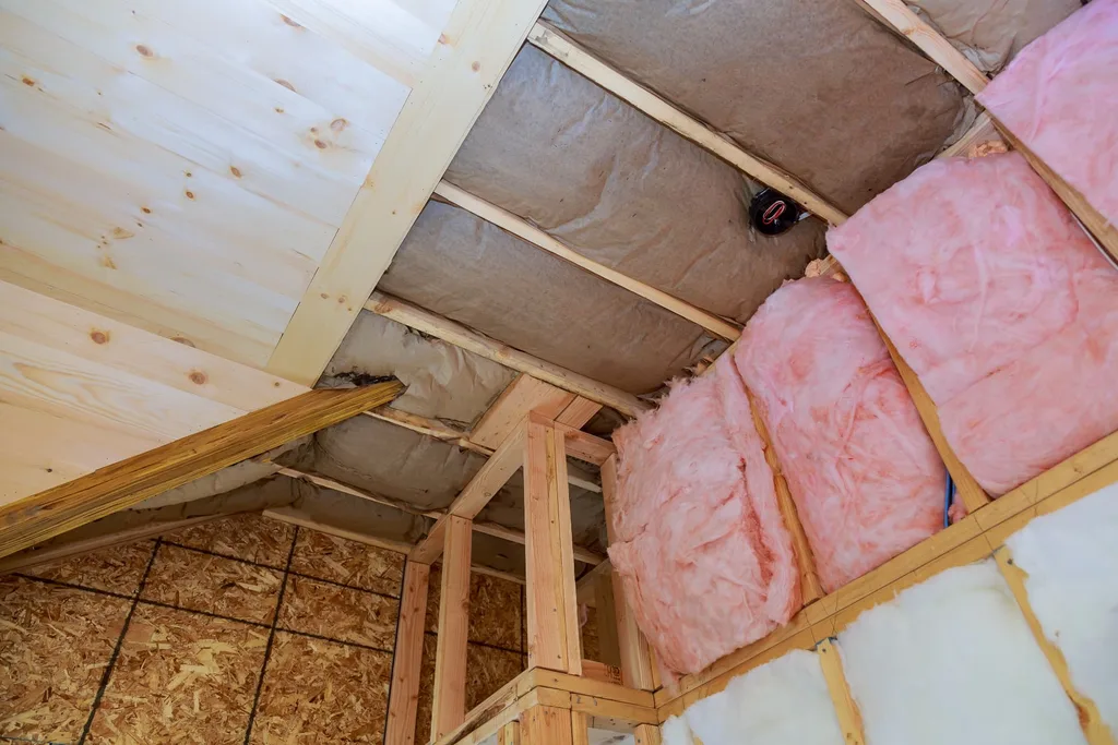Pink fiberglass batt insulation installed between wood framing in an attic under construction