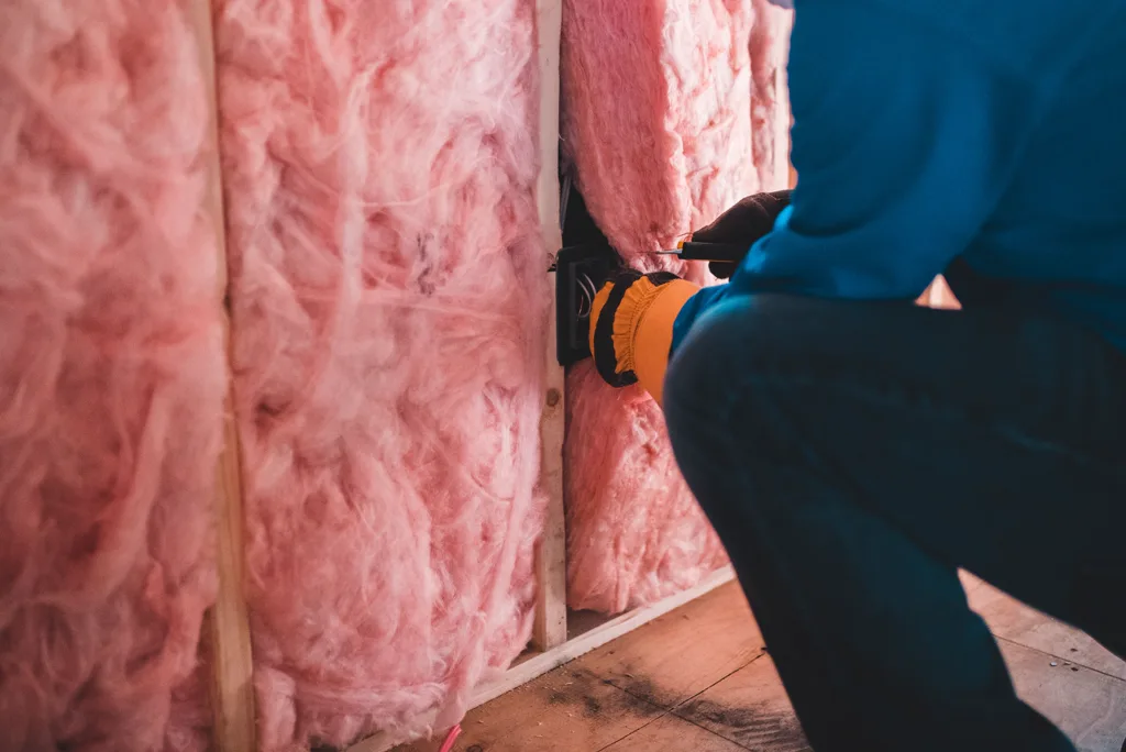 Worker fitting fibrous insulation between exposed wooden framing