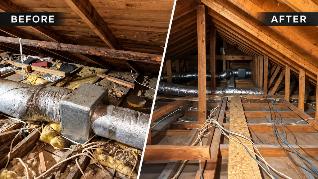 Before and after view of an attic: cluttered, debris-covered framing on the left and clean, cleared framing with ductwork on the right