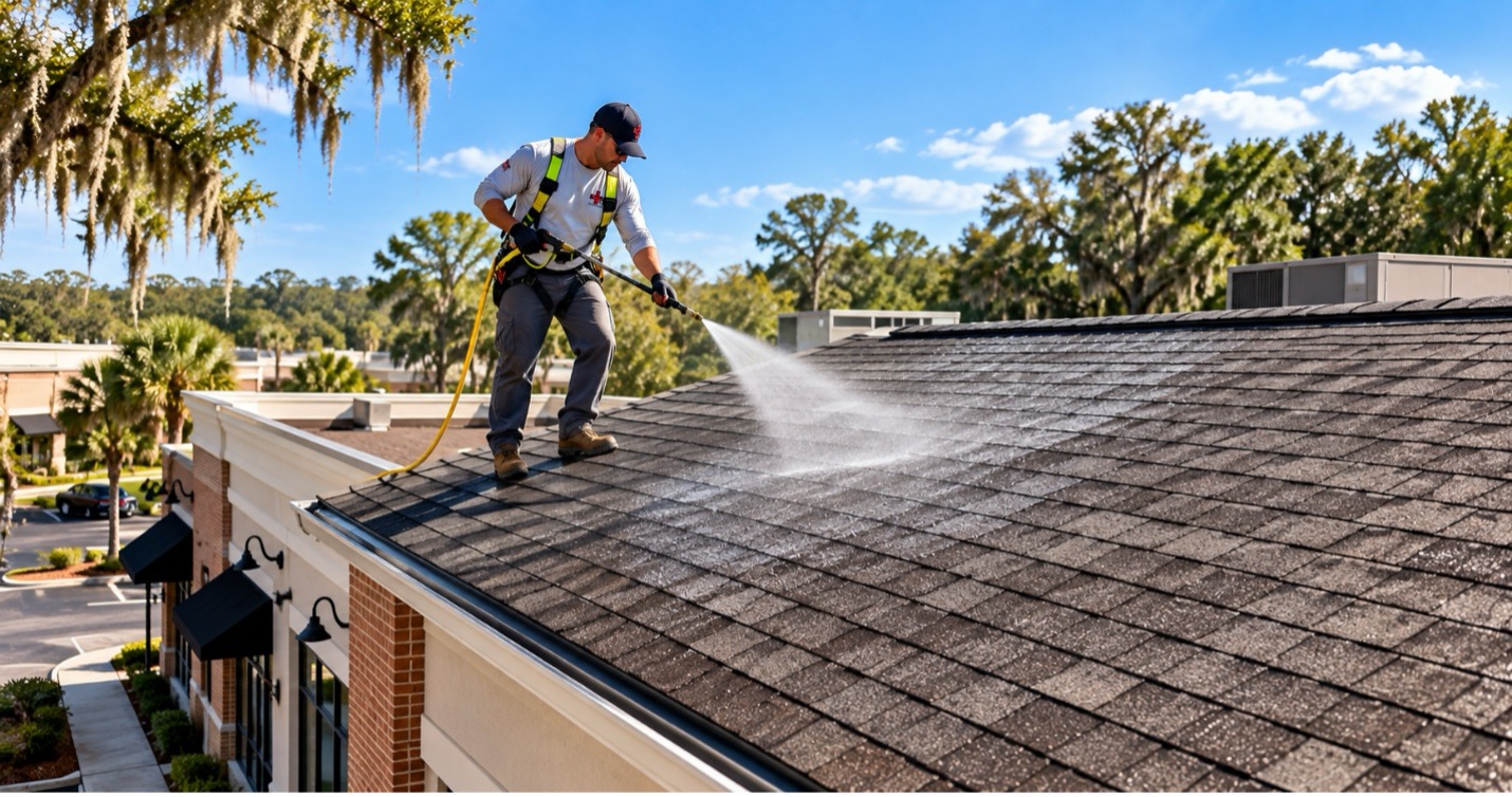 Commercial asphalt shingle roof rejuvenation treatment for a business property in Savannah, Georgia.